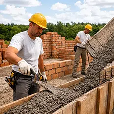 Majstori izlivaju betonsko-armirani temelj u sivoj fazi gradnje | Preduzimač